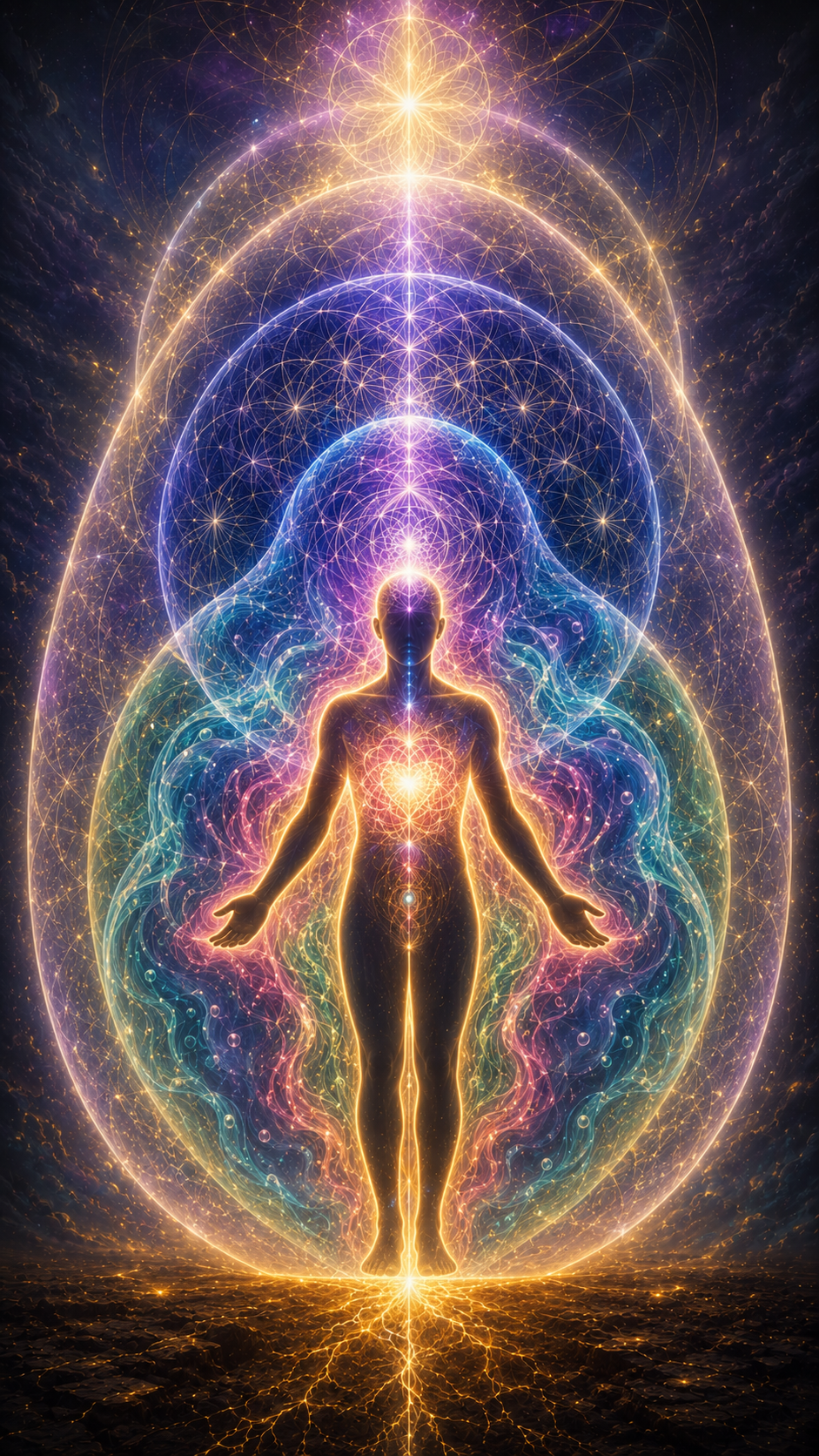 Four luminous fields held together within one balanced human presence