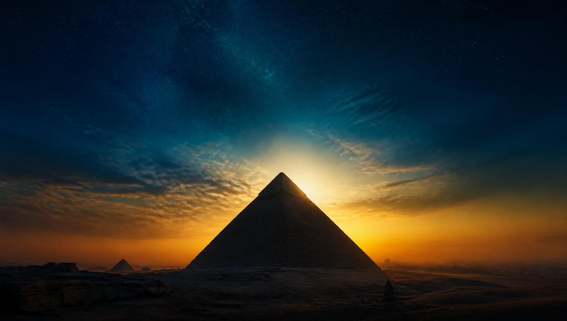 The Great Pyramid of Giza silhouetted against a deep blue sky as golden light rises behind it