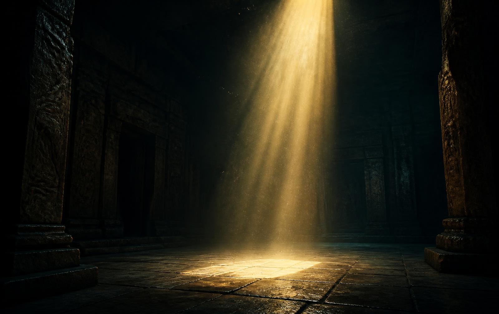 A shaft of golden light falling through darkness onto the stone floor of an ancient chamber